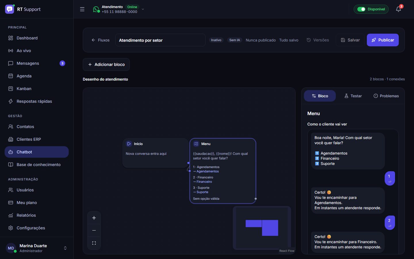 Editor visual do chatbot com menu por setor e prévia da mensagem