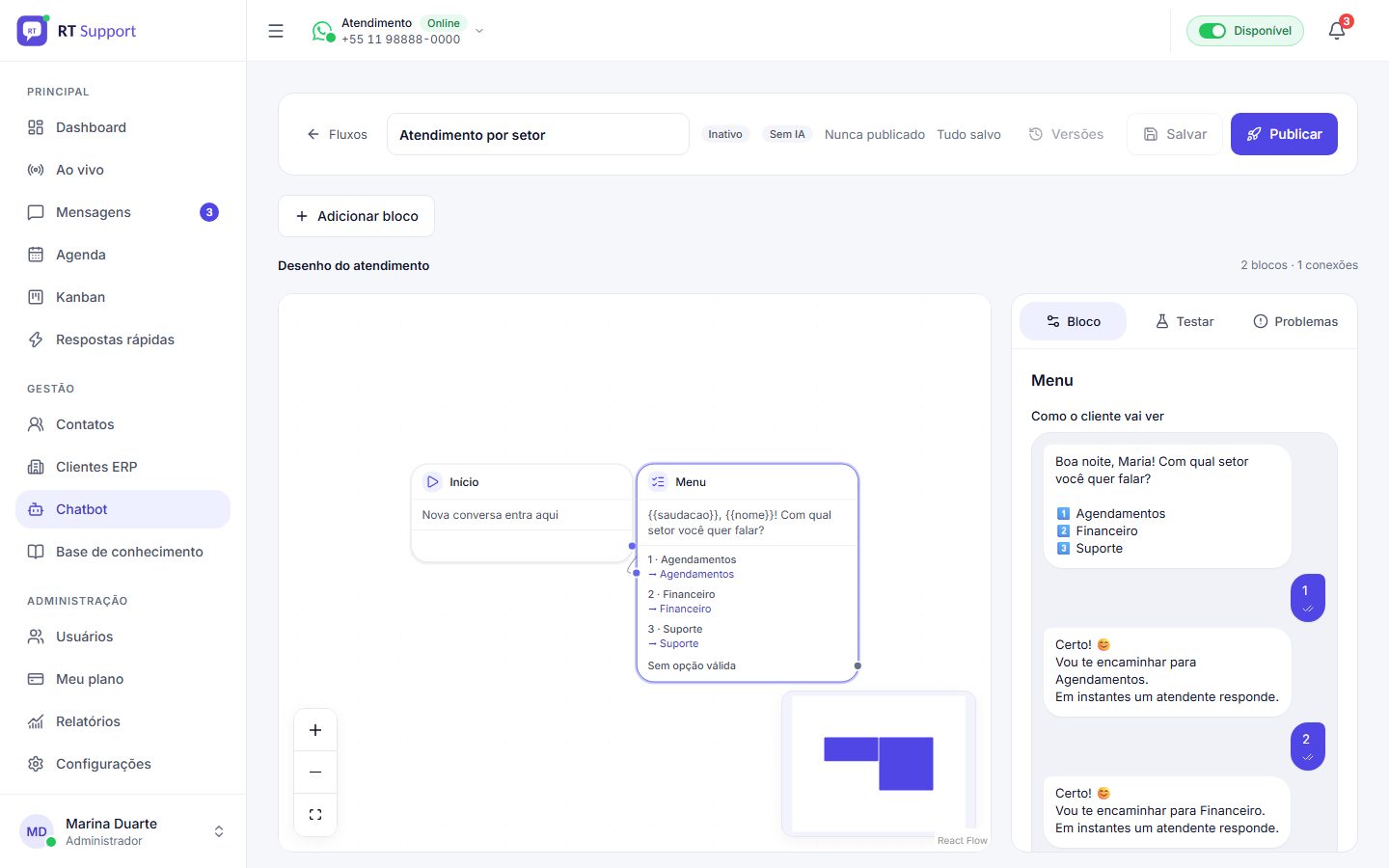 Editor visual do chatbot com menu por setor e prévia da mensagem