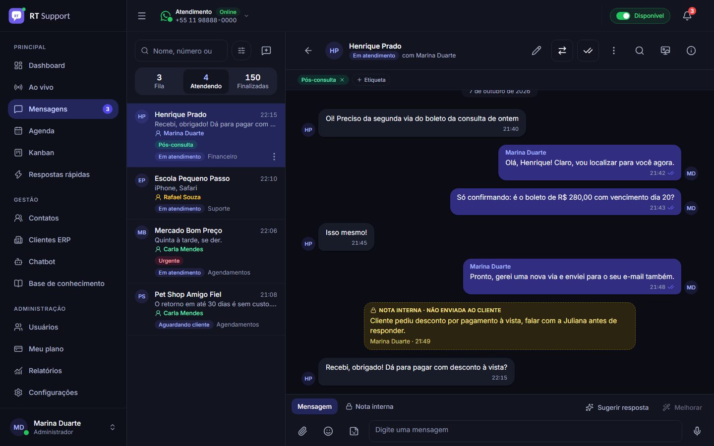 Tela de mensagens do RT Support: lista de conversas com etiquetas, conversa aberta e responsável