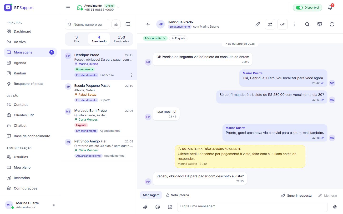 Tela de mensagens do RT Support: lista de conversas com etiquetas, conversa aberta e responsável