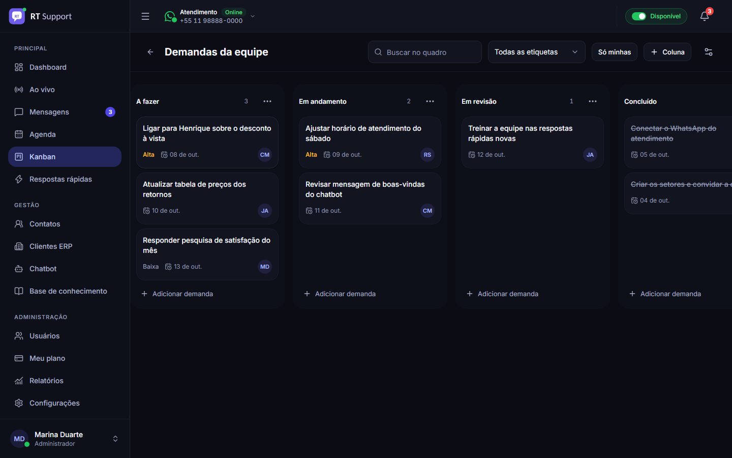 Quadro kanban de demandas com prazo e responsável