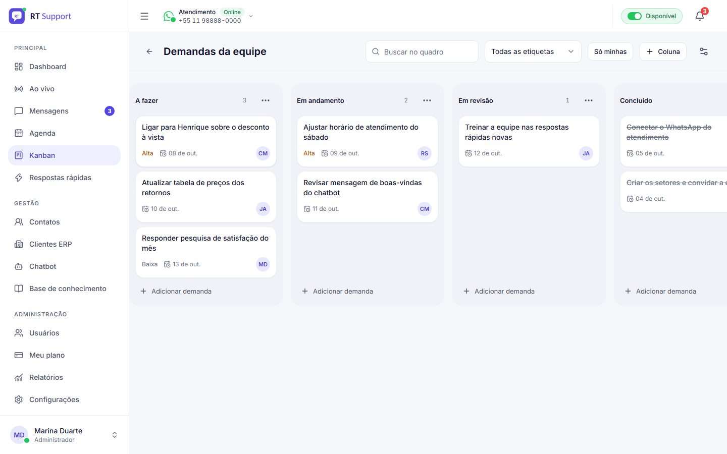 Quadro kanban de demandas com prazo e responsável