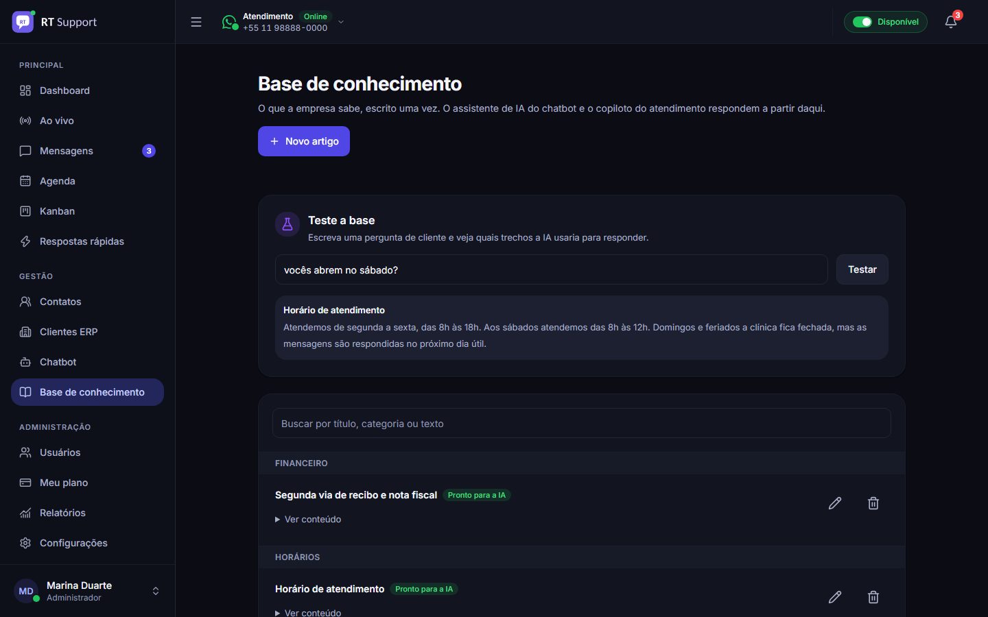 Base de conhecimento com artigos por categoria e o teste que mostra quais trechos a IA usaria para responder
