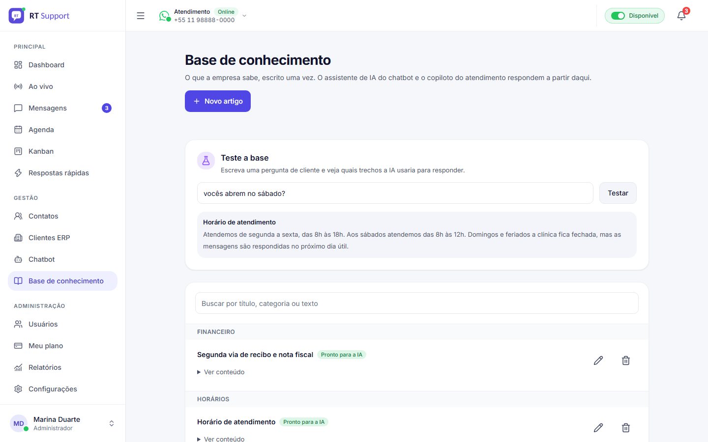 Base de conhecimento com artigos por categoria e o teste que mostra quais trechos a IA usaria para responder